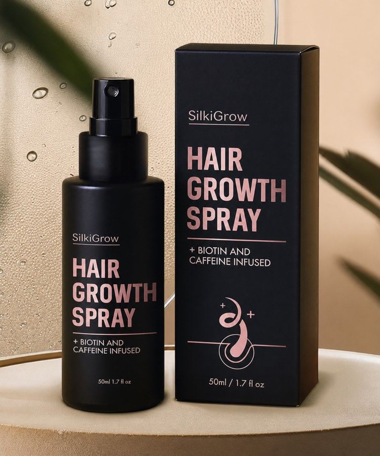The 50 ml SilkiGrow spray bottle next to its printed carton