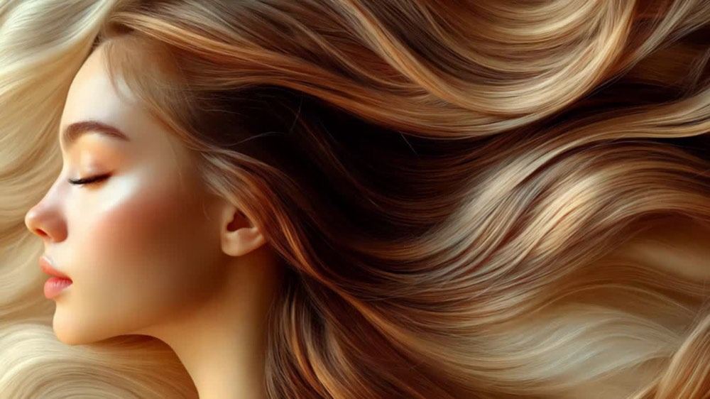 Soft, shiny hair in motion, seen from behind