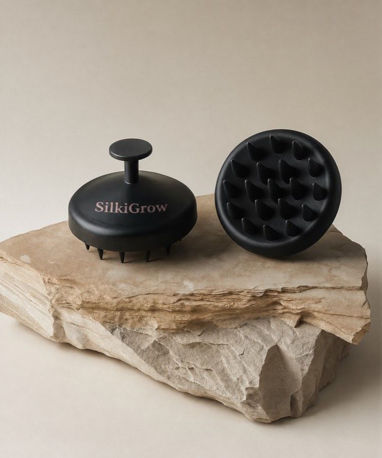 Soft silicone scalp massager from the SilkiGrow lineup