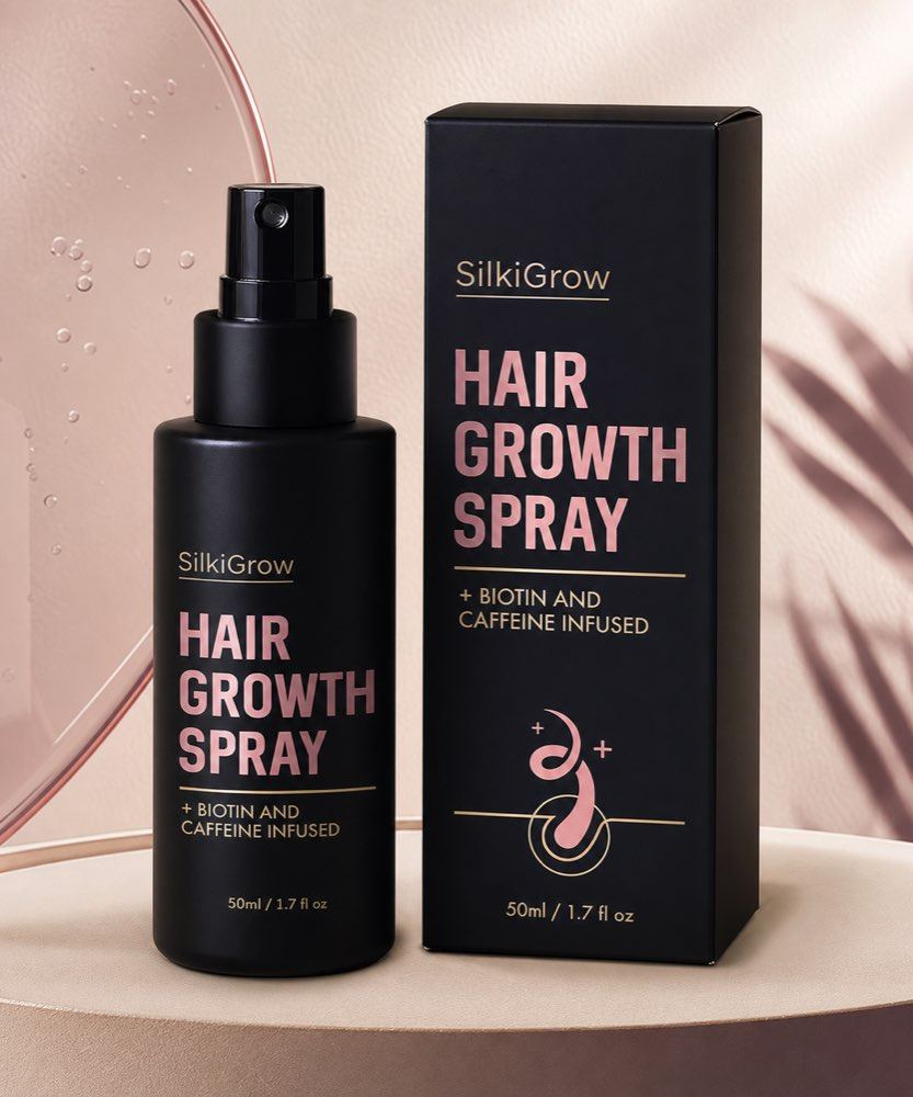 SilkiGrow spray bottle standing in front of its dusty pink box