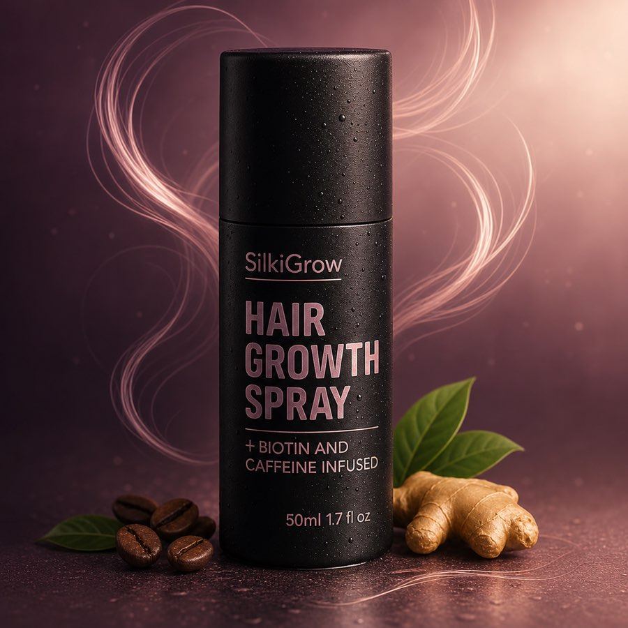 SilkiGrow spray bottle surrounded by ginger root, coffee beans and green leaves